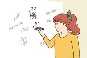 adolescente niña escribe complejo matemático fórmulas en pizarra resolviendo problemas desde mayor matemáticas o álgebra. pequeño niño prodigio Chica de escuela participa en matemáticas olimpíada. vector