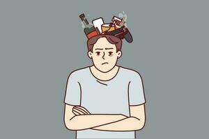 Angry man suffering from bad habits stands with garbage in head and looks at screen. Young guy is addicted to cigarettes and alcoholic beverages and needs advice to fight bad habits vector