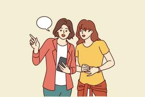Women with phone walk around city and use navigation application to find right place in city. Traveler girl asks question to passer-by with smartphone to find way in hotel or railway station vector