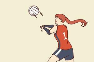 mujer vóleibol jugador lanzamientos pelota a Puntuación objetivo para oponiéndose equipo durante torneo o formación fósforo. niña vóleibol jugador hace carrera en profesional Deportes y obras de teatro debajo primero número vector