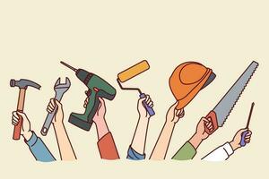 Hands of repair and construction specialists with working tools for safe and efficient work. Screwdriver and hammer with safety helmet in hands of furniture repair or building construction workers vector