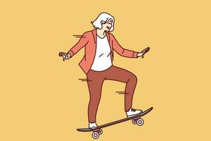 Elderly woman rides skateboard enjoying free time and being active in old age after retirement. Happy grey-haired female rides skateboard has extreme sports hobby in old age and wants to stay young vector