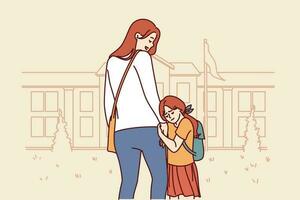 Mom accompanies daughter in elementary school, supporting or motivating girl standing near building of educational institution. Little girl feels attached to mother and does not want to go in school vector