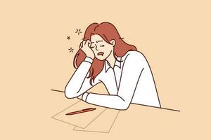 Tired girl student sleeps sitting at table with papers while filling out test or preparing for exams. Concept of burnout and overload during training before college or university entrance exams vector