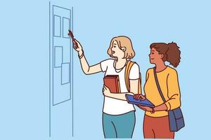 Girls students stand in corridor of college or university near blackboard with lesson schedule or lists of pupils. Two schoolgirls or students with books in their hands read notice on bulletin board vector