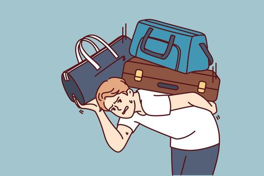 Dissatisfied man with heavy suitcases is moving or relocating to new city. Guy in casual clothes bends over putting suitcases on back and looks at screen in need of help from loader vector