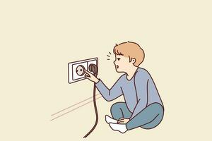 Small boy sticks fingers into socket, playing with electrical equipment and risking electric shock. Preschool child with curiosity pulls fingers to electrical socket and needs attention of parents vector