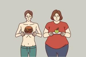 incorrecto dieta LED a anorexia o obesidad debido a metabólico problemas o no reunión norma de calorías y carbohidratos Delgado hombre y grasa mujer necesitar Derecha dieta y ayuda de nutricionista médico vector