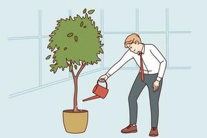 Businessman watering tree symbolizing investments and dividends received through financial literacy. Businessman taking care tree by investing strength in career growth or increasing money savings vector
