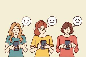 mujer con Los telefonos cerca emoji con diferente facial expresiones para Internet realimentación concepto. muchachas con teléfonos inteligentes salir positivo o negativo realimentación en móvil solicitud o empresa sitio web vector