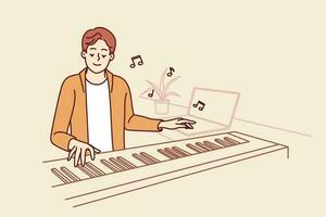 Man plays synthesizer coming up with soundtrack for new movie or tune for popular music album. Creative guy composer plays synthesizer dreaming of becoming musician or performing with concerts vector