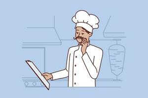 Chef cook man stands in kitchen street food restaurant and holds clipboard with menu getting ready for new working day. Chef guy makes career in restaurant industry and touches mustache vector