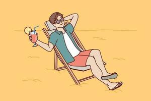 Man tourist is sunbathing on beach sitting in sun lounger and drinking fruity refreshing cocktail. Guy tourist and travel lover sunbathes spending vacation on beach of sunny ocean. vector