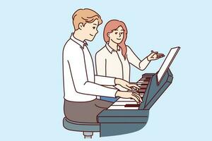 Man learns to play piano with woman teacher who tutors and gives private lessons. Future musician plays piano to become professional composer or perform at concerts in front of audience vector