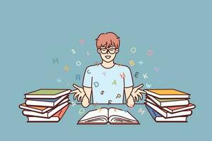 Boy student reads books and gets new knowledge from classical literature or professional textbooks. Teenage bookworm sits at table with books and, closing eyes, imagines flying letters vector