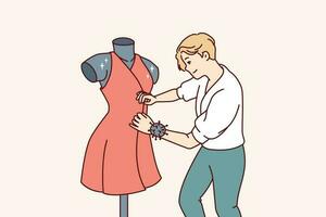 Man fashion designer sews dress fixed on mannequin preparing women outfit for Paris haute couture week. Professional fashion designer makes exclusive elegant clothes for girls to order vector