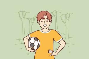 Little boy with soccer ball enjoys outdoor recreation and with smile looks at screen. Boy pupil elementary school, dreams of becoming professional football player and training in park to play soccer vector