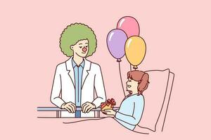 Clown doctor gives gift to child who is in hospital and needs support and positive emotions. Caring doctor pediatrician stands near bed with little girl undergoing rehabilitation in children hospital vector