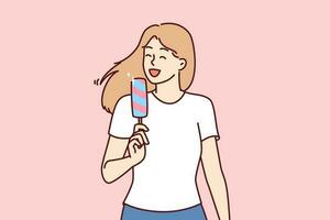 Woman eats ice cream to cool off in hot summer weather and enjoy cold sweet dessert. Young girl in casual clothes holds ice cream and smiles enjoying treat that relieves thirst and hunger. vector