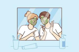 Cheerful couple with rejuvenating mask on faces look in mirror and laugh enjoying joint vacation. Morning young happy man and woman with mask for rejuvenation and removal of wrinkles from face vector