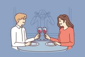 Stalker girl is watching date of former boyfriend drinking wine in restaurant with new girlfriend. Concept of jealousy and surveillance of loved one going on date or betrayal from cheating husband vector