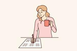 mujer resuelve sudoku rompecabezas y bebidas caliente té disfrutando matemáticas cerebro bromistas joven niña con sudoku rompecabezas en papel demuestra alto iq, albardilla con matemático ejemplos con facilitar vector