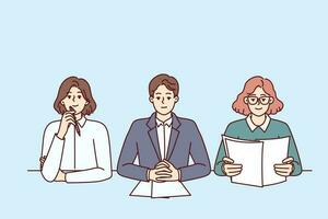 Business people from recruiting company with skeptical expression are conducting interview sitting at table in office. Man and two women work as HR managers and participate in recruiting processes vector