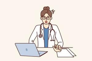 Shocked woman doctor is surprised to see rare disease, sits at table with laptop. Girl doctor with stethoscope, opening mouth looks at screen after learning about symptoms of mysterious disease vector