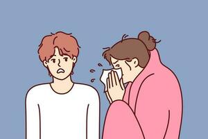 Sick woman sneezes standing near guy afraid of contracting dangerous flu or cold. Sick girl with handkerchief is wrapped in blanket and needs treatment and antibiotics to fight infection. vector