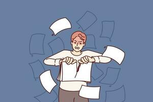 Angry man rips up documents after experiencing burst of aggression due to bureaucracy and stress of doing paperwork. Businessman throwing up documents with bad financial statements. vector