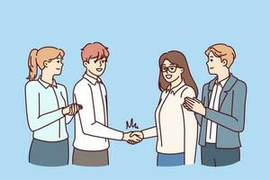 Team business people and manager handshake with best employee company to motivate staff to increase productivity. Successful business team clapping and shaking hands rejoicing at joint achievements vector