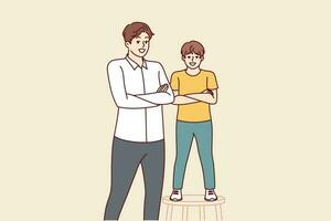 Father and son smiling standing with arms crossed and looking at screen for concept of intergenerational succession and parenthood. Little boy stands on stool near father or older brother vector