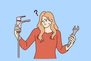 Woman with water faucet and wrench does not understand how to fix water supply or get rid of leak. Girl repairs faucet in bathroom or in kitchen with own hands, not wanting to call plumber vector