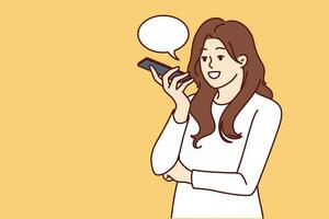 Woman with phone records audio message to send via messenger or social network. Young girl with conversation cloud uses voice messages and speech recognition features in phone using ai technology vector