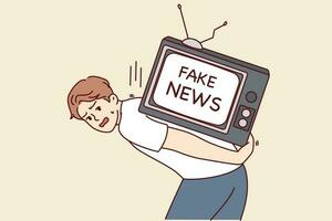 Man suffering from fake news on TV for concept of fighting disinformation and propaganda in media. Guy with big televisor on back is stressed out by fake news from journalists and yellow press. vector