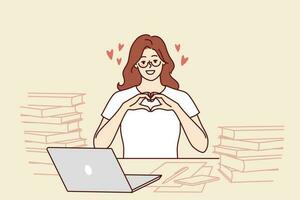 Romantic woman freelancer shows heart with fingers as token of appreciation to clients or employers. Girl in love says hello to boyfriend posing for romantic message at table with papers vector