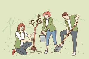 Volunteers plant trees in park and water seedlings to save nature from co2 emissions and climate change. People with paw and bucket for planting trees helping ecology recover after deforestation vector