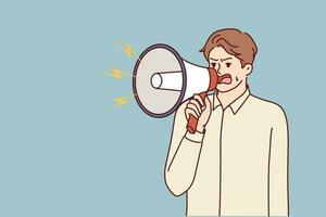 Angry businessman with megaphone yells at employees due to lack of management skills. Nervous businessman making announcements over gramophone to urge colleagues to complete task before deadline vector