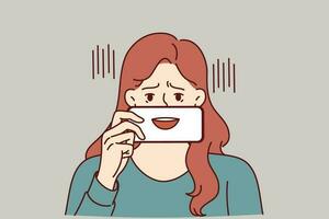 Depressed woman with fake smile hides emotions pretending to be extrovert and happy human. Depressed girl with talking mouth on phone screen symbolizes psychological problems and lack of own opinion. vector