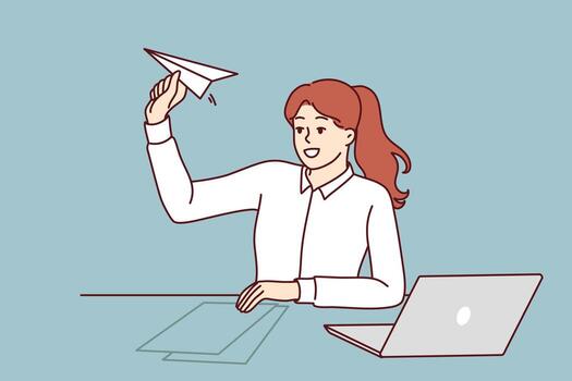 Woman office manager is distracted by launching paper plane and suffering from lack of motivation. Girl manager sits at table with laptop for metaphor of launching own successful startup vector