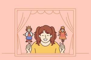 Girl performs in puppet theater showing scene with prince and princess for concept of children creativity. Little schoolgirl smiles after participating in theater production for classmates vector