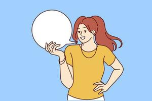 Woman is holding white speech bubble symbolizing good idea or interesting offer. Girl with empty dialogue cloud is happy to share idea, calling for joint discussion of important issue. vector