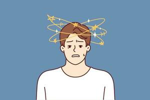 Man with dizziness and stars flying around head looks at camera in confusion after blow or fall. Confused young guy with dizziness suffers from high blood pressure and health problems vector