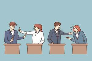 Debates of politicians standing behind stands during election campaign and attempts to out-arguing opponents. Men and women participate in political debates wishing to become deputies or senators vector