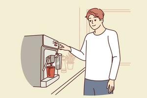 Man uses coffee machine standing in kitchen of apartment, preparing drink for invigorating breakfast. Guy makes hot coffee during work break to get rid of drowsiness and be more productive vector