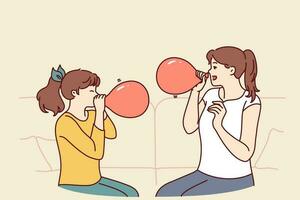 Mother and daughter inflate balloons sitting on sofa to decorate apartment for birthday party. Girl together with older sister, uses balloons to play or inhale helium to change voice vector