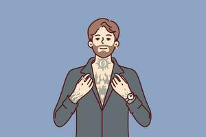 Hipster man with tattoos on body and beard on face poses in clothes for going to club or party. Hipster guy with earring in ear is dressed in black shirt for concept of gangster male look vector