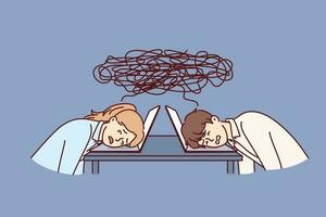 Tired office workers put their heads on table with laptop due to workplace overload or lack of coherence in company. Tired man and woman with erratic negative thoughts from long distance relationship vector