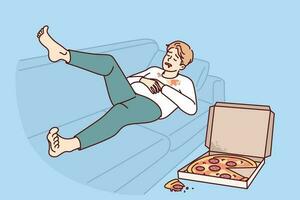 Ugly fat man sleeping on sofa near pizza box for wrong lifestyle concept of obesity causing. Guy suffering from problem of obesity needs help of nutritionist and eating healthy diet food. vector