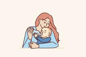 Woman kisses baby while feeding artificial milk from bottle to advertise nutrition for newborns. Caring mother takes care of newborn baby and gives little son bottle with pacifier. vector
